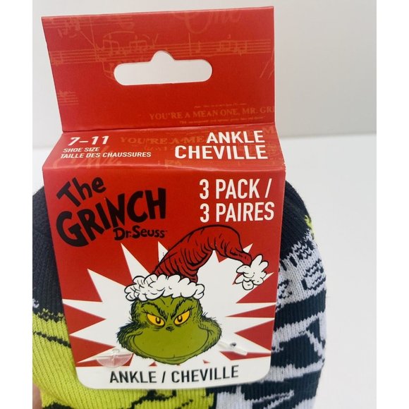 Dr. Seuss The Grinch Christmas Socks Unisex Festive Ankle Socks 3 Pack NEW - Picture 4 of 8